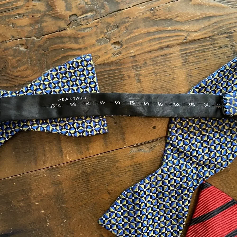 2pc Bow Tie Mens Adjustable Blue preppy wedding Red Stripe 100% Silk Prom Formal